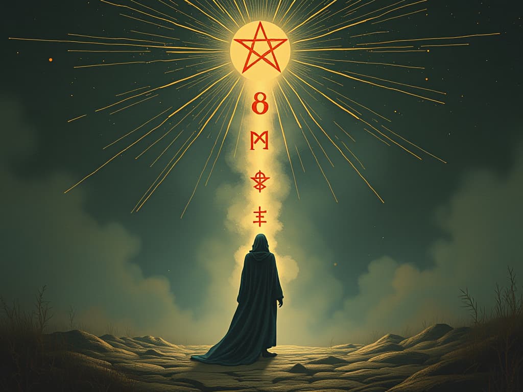  series of mystical symbols glowing in the air, surrounding a person, symbols resemble ancient runes, ascending light path, foreboding, ascendant, luminous an illustration in the style of a worn, mystical old tarot trump card, mysterious and elements of surrealism. the colors are muted, somber and eerie, but with contrast bring out an occult and esoteric vibe.