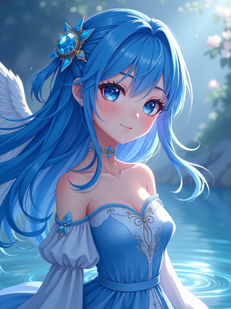  (angel ring:2.2)masterpiece,(neptune personification: 2.0)(beautiful girl: 1.7)(beautiful cobalt blue hair color: 2.0)(long hair: 1.7)((angel ring: 2.2))(blue and white dress: 1.7)(illustration style: 2.0)high resolution,8k,super analys