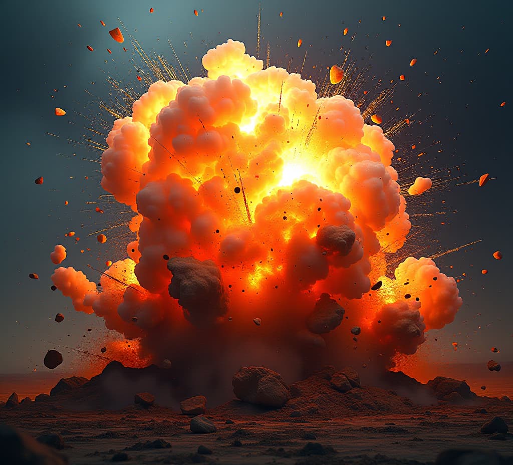  dynamic explosion with vibrant colors and debris, capturing the intense energy and drama of a powerful blast.