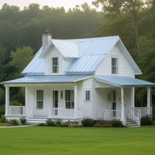 A white 2-story old farmhouse with a baby blue metal roof down in a lush green valley with trees everywhere. Shamrocks for the yard