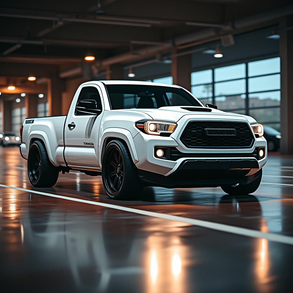  cinematic photo 2008 toyota tacoma, new, stanced, futuristic, gts, trd, lowered, racing, race truck, detailed, 8k, white,single cab, 17x12 wheels, wide body, light weight, body kit, negative camber, flush,. 35mm photograph, film, bokeh, professional, 4k, highly detailed