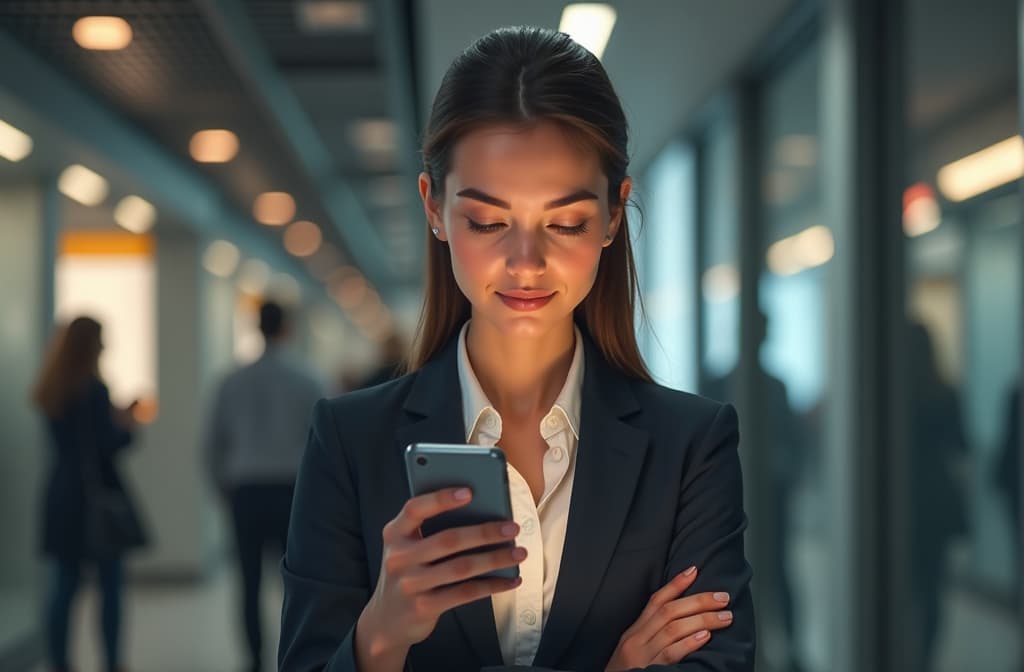  businesswoman looking at cell phone ar 3:2 {prompt}, maximum details