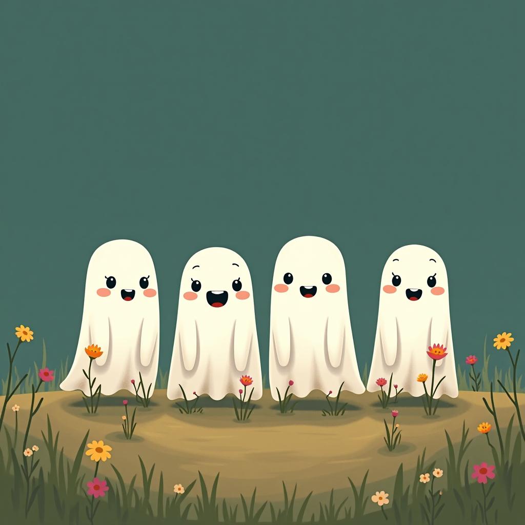  create a digital illustration featuring a row of four or five cute, cartoonish ghost characters, each with a different appearance, standing in different positions within sparse, life like wildflowers.