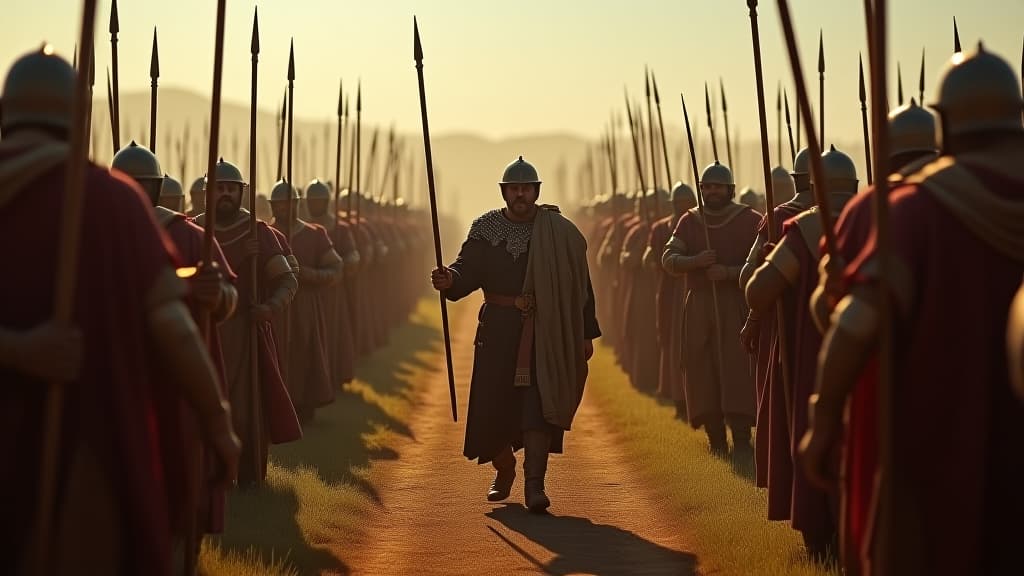  history of biblical times, a group of fearful soldiers leaving the battle, depicting courage dwindling amongst gideon's ranks. hyperrealistic, full body, detailed clothing, highly detailed, cinematic lighting, stunningly beautiful, intricate, sharp focus, f/1. 8, 85mm, (centered image composition), (professionally color graded), ((bright soft diffused light)), volumetric fog, trending on instagram, trending on tumblr, HDR 4K, 8K