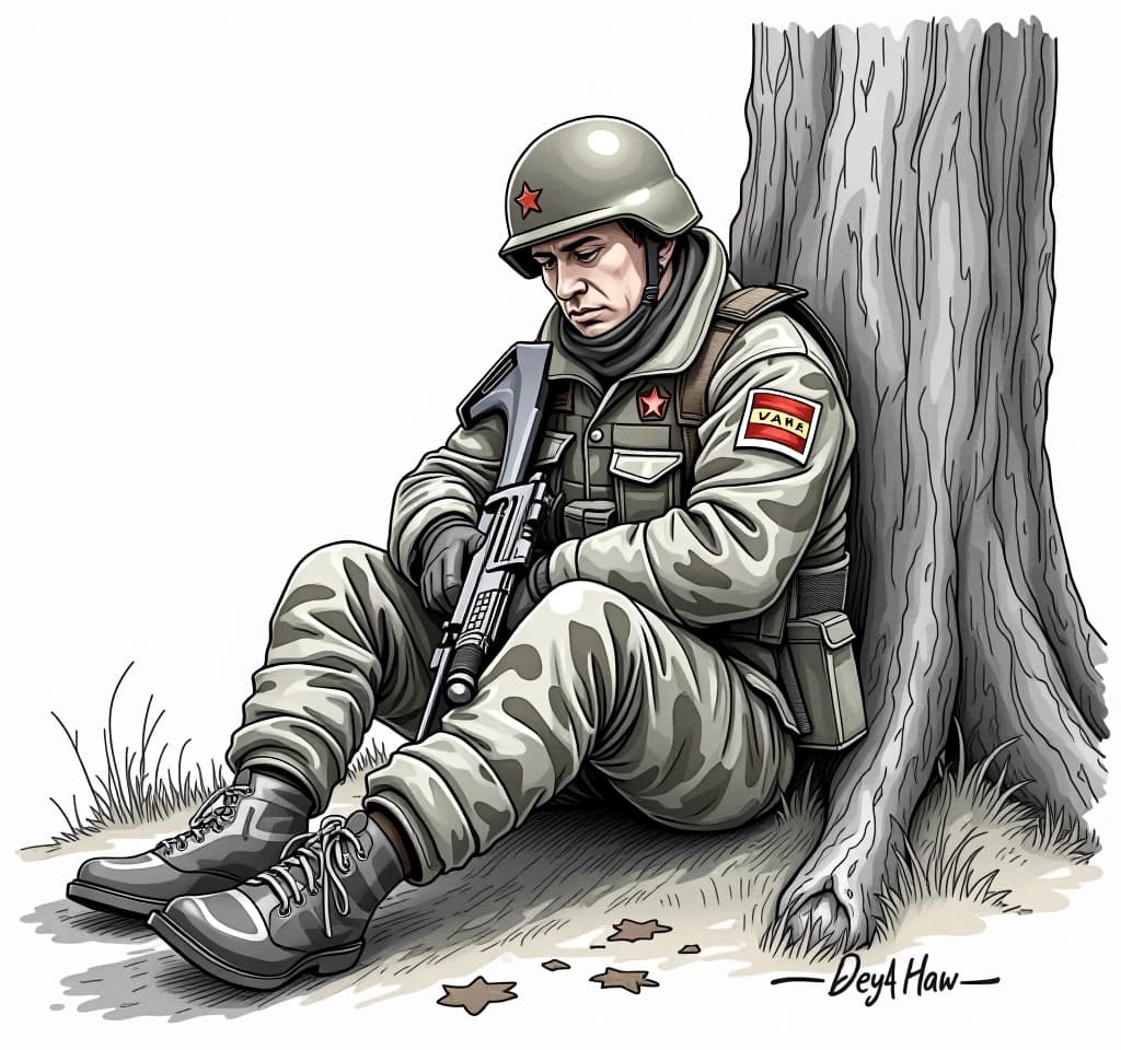  line art drawing an image of a tired russian soldier in camouflage, resting sitting by a tree trunk in the style of comics. tim schumate, grzegorz domaradzki, inspired by tattoos, cartoon realism, walt kelly ar 3:4 s 450 raw style, watercolor, trending on artstation, clear focus, studio photo, complex details, high detail, author greg rutkowski . professional, sleek, modern, minimalist, graphic, line art, vector graphics hyperrealistic, full body, detailed clothing, highly detailed, cinematic lighting, stunningly beautiful, intricate, sharp focus, f/1. 8, 85mm, (centered image composition), (professionally color graded), ((bright soft diffused light)), volumetric fog, trending on instagram, trending on tumblr, HDR 4K, 8K