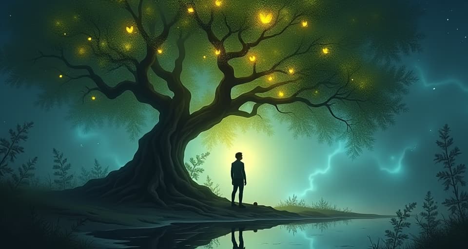  a figure reflecting under a celestial tree with glowing leaves. enchanted forest, symbols of integrity, serene doubt, whispering leaves.. the style is digital art illustration,highly detailed, whimsical,magical, dreamlike atmosphere, realism and fantasy blend, smooth, glossy textures,luminous quality, wonder and enchantment.