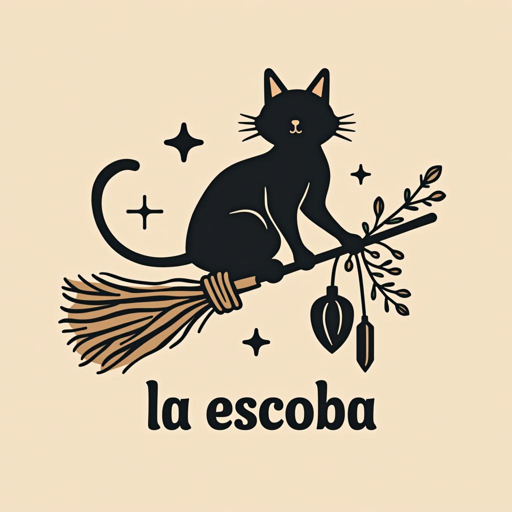  design a logo, in a minimalism style. witchy, black cat riding on a broom, dried herbs hanging off broom, cottage core aesthetic, crystals,spells, with the text 'la escoba'.