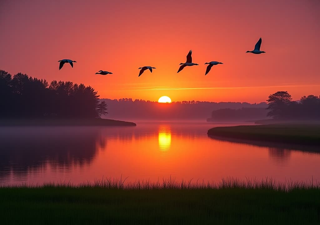  a serene landscape at sunset, featuring a v formation of flying geese silhouetted against vibrant orange and purple skies, with a tranquil lake reflecting the scene below, surrounded by lush green fields. hyperrealistic, full body, detailed clothing, highly detailed, cinematic lighting, stunningly beautiful, intricate, sharp focus, f/1. 8, 85mm, (centered image composition), (professionally color graded), ((bright soft diffused light)), volumetric fog, trending on instagram, trending on tumblr, HDR 4K, 8K