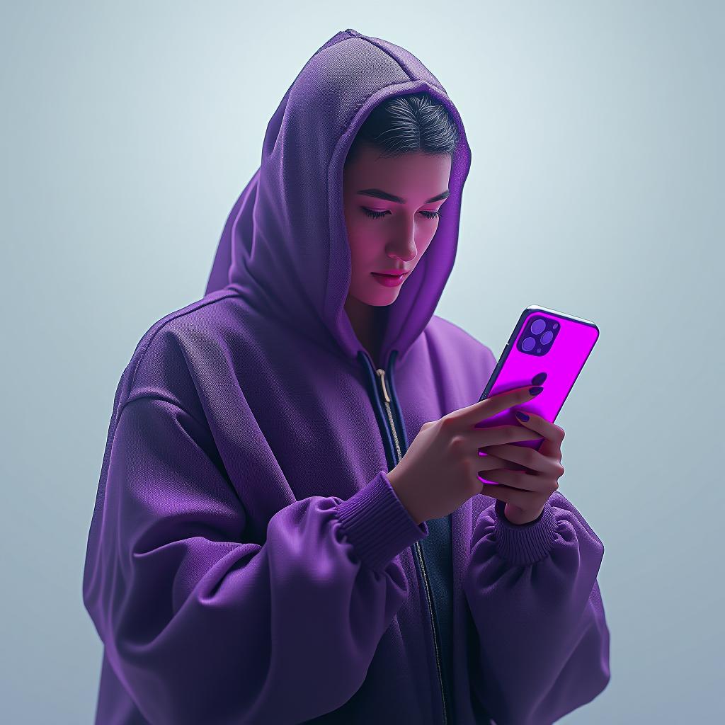  purple iphone on a white background. hyperrealistic, full body, detailed clothing, highly detailed, cinematic lighting, stunningly beautiful, intricate, sharp focus, f/1. 8, 85mm, (centered image composition), (professionally color graded), ((bright soft diffused light)), volumetric fog, trending on instagram, trending on tumblr, HDR 4K, 8K