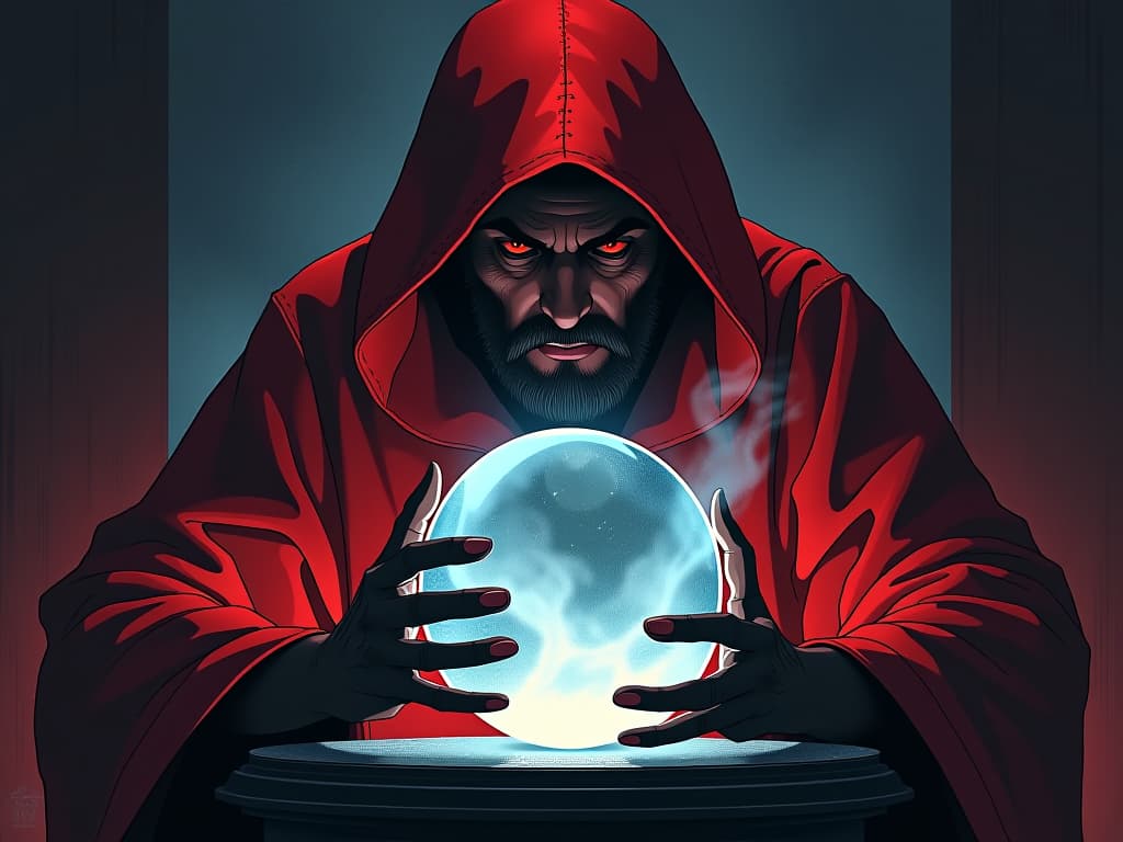  sorcerer in red robes, gazing into a crystal ball, mist swirling inside, reflection of long term consequences. the style is digital art illustration / modern comic book / graphic dark novel fantasy and mysterious occult, symbolic, moody lighting, esoteric vibe,high detail on character design. for the color scheme emphasize blacks and reds.