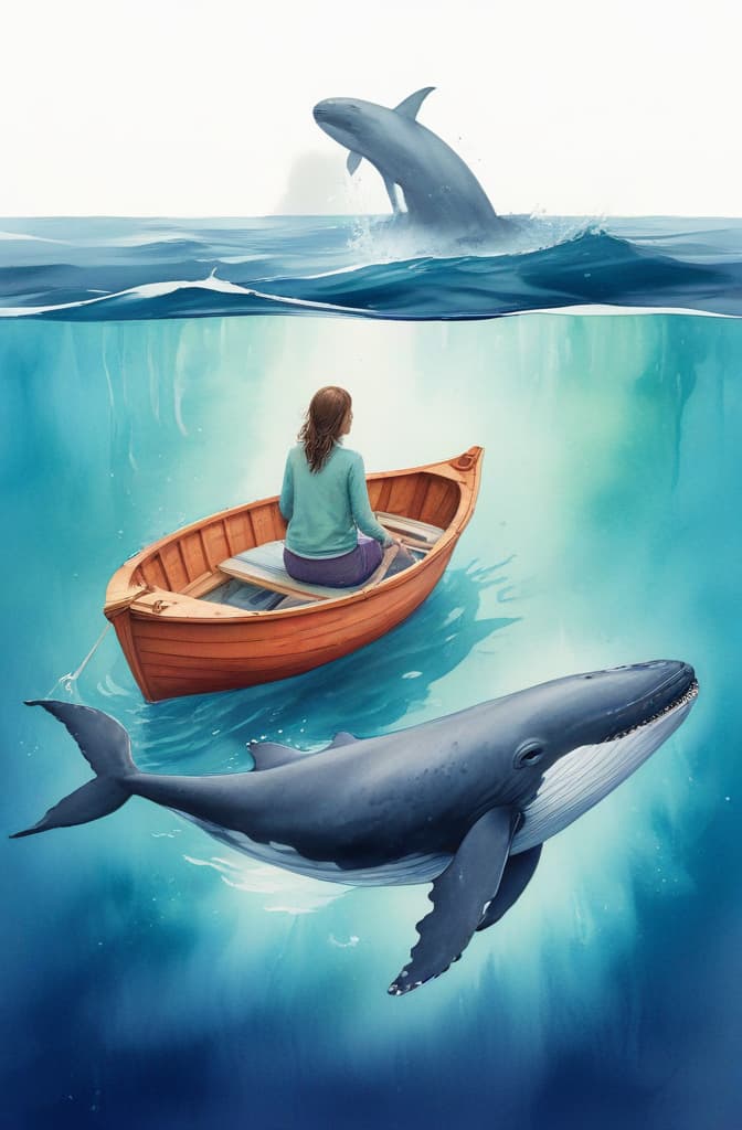 Create artwork lonely woman in small wooden boat swimming in ocean. under boat in water is a huge whale to see --ar 2:3 using watercolor techniques, featuring fluid colors, subtle gradients, transparency associated with watercolor art