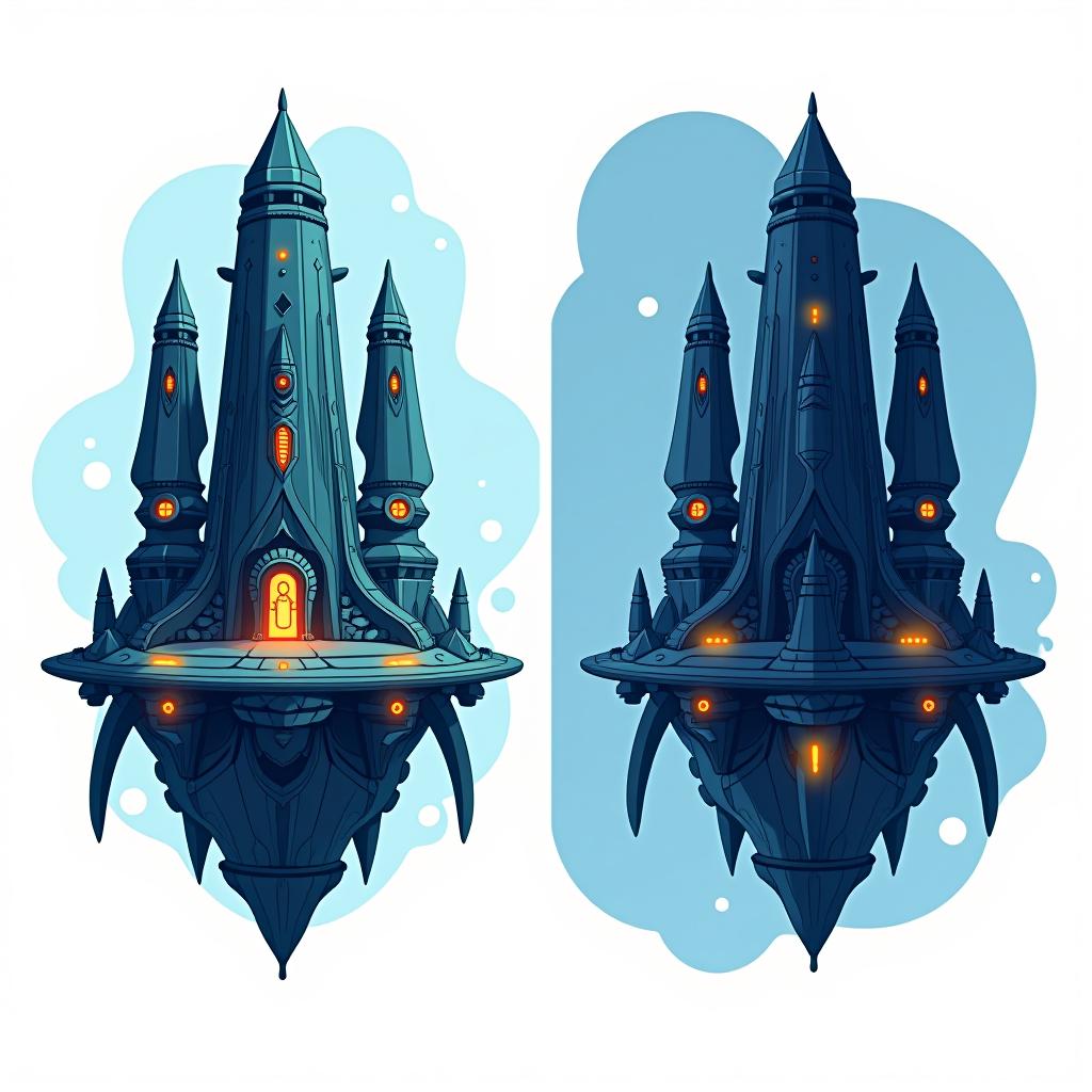  white background. left side: a simple vector graphic showing a hyper realistic alien planet's front view with mysterious structures and bioluminescent patches. right side: back view of the same planet, maintaining high detail and consistency. both views should depict the same materials and feature fantasy elements like glowing areas and unique architectural forms. cartoon and disney style. the views share the same object.