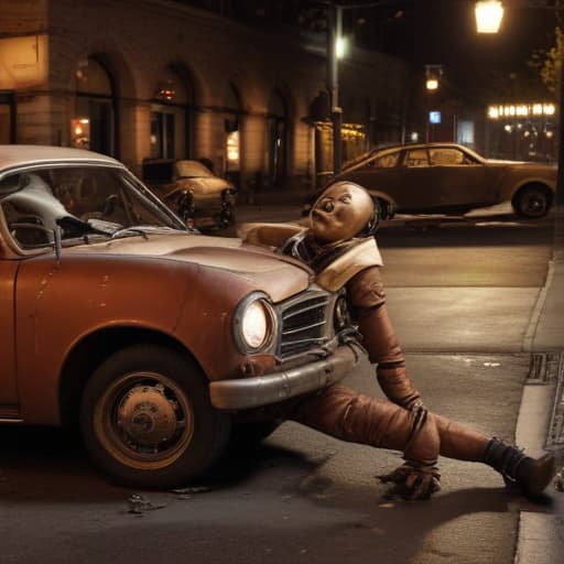 A photo of a vintage car crash dummy posed dramatically in the wreckage of a simulated car accident on a dimly lit city street corner in the late evening glow of streetlights.