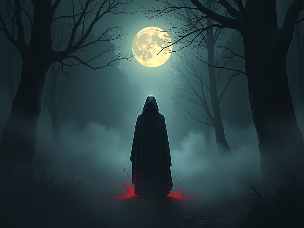  a lone figure surrounded by swirling fog, distressed expression, dark moonlit forest. confronting internal turmoil, grappling with realization.. the style is dark fantasy and mysterious occult, symbolic, moody lighting, esoteric vibe,high detail on character design. for the color scheme emphasize blacks and reds.