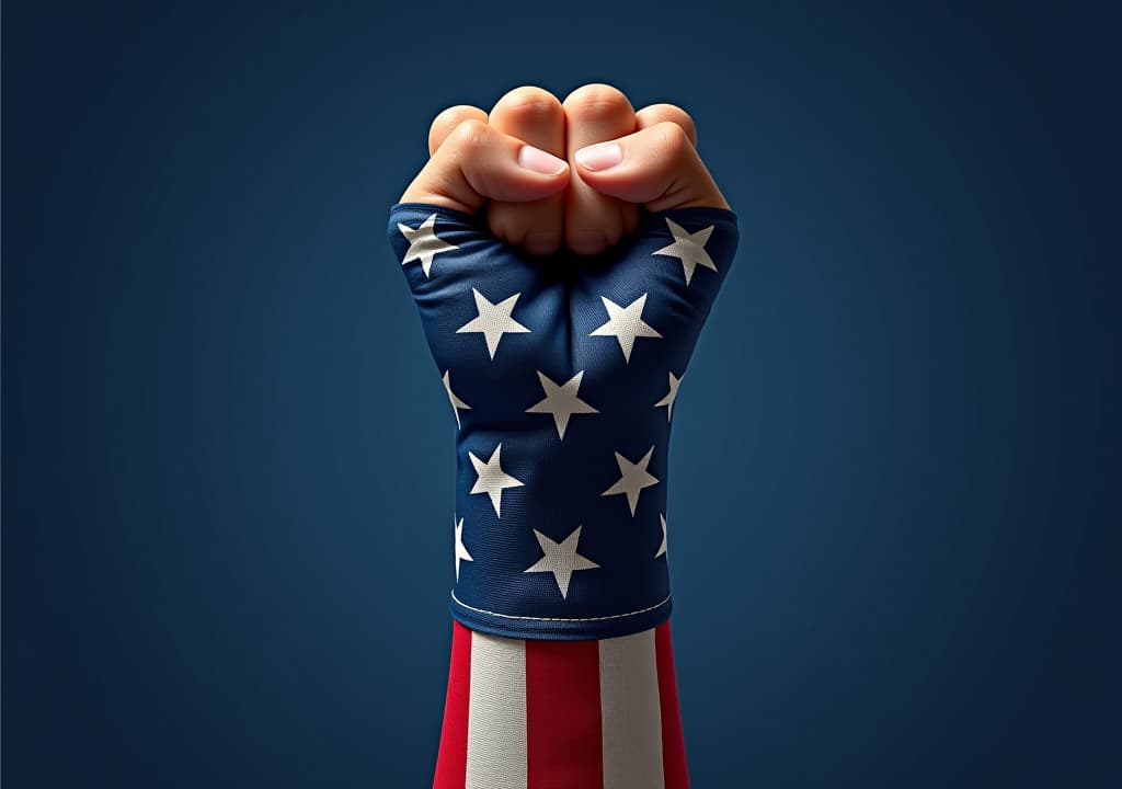  national pride: raised fist wrapped in the american flag, signifying unity, strength, and the importance of voting and civic engagement in elections