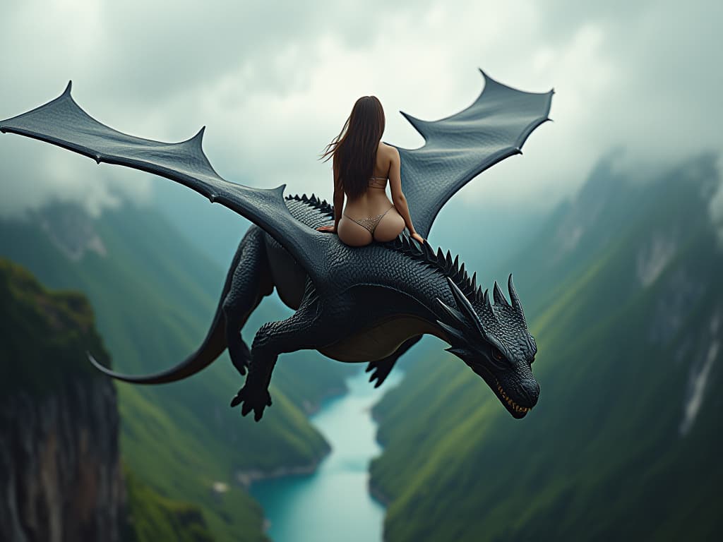  cinematic photo a brown haired with , sensual hips, half , sits on the back of a black dragon that flies through the clouds. below them are green mountains, rocky cliffs and a blue river. . 35mm photograph, film, bokeh, professional, 4k, highly detailed