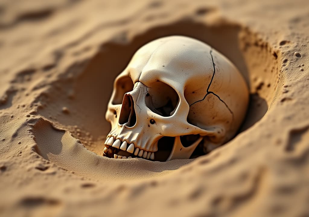  fossilised skull in ancient dunes: archaeological desert, unearthed skull, textures of time, historical perspective, earthy tones