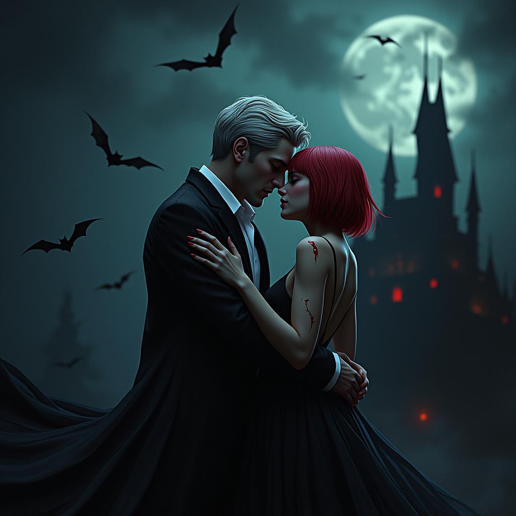  art, a vampire couple in love, at night against the background of a gothic castle, bats are flying in the sky, a guy stands behind and hugs a girl around the waist, a girl has short red hair, blood on the girl's shoulder and bite marks, a guy has short white hair, they eyes are burning hyperrealistic, full body, detailed clothing, highly detailed, cinematic lighting, stunningly beautiful, intricate, sharp focus, f/1. 8, 85mm, (centered image composition), (professionally color graded), ((bright soft diffused light)), volumetric fog, trending on instagram, trending on tumblr, HDR 4K, 8K