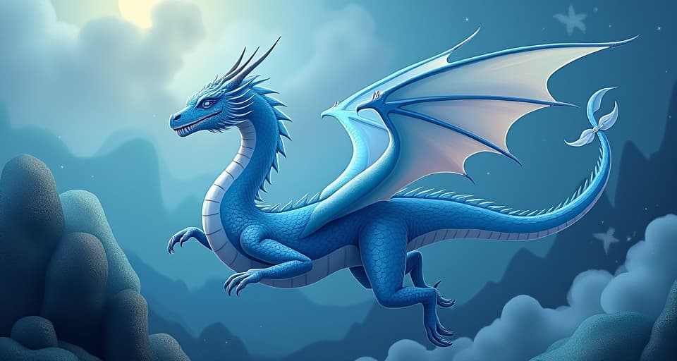  elegant blue dragon, seamless in its movements, weaving through a changing landscape with ease. mood: adaptable, fluid, graceful.. the style is digital art illustration,highly detailed, whimsical,magical, dreamlike atmosphere, realism and fantasy blend, smooth, glossy textures,luminous quality, wonder and enchantment.