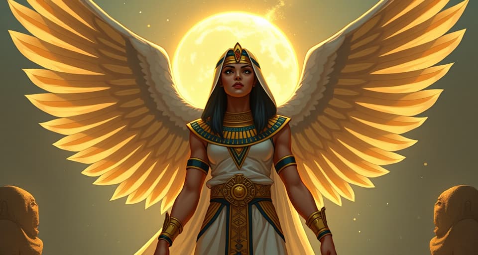  a divine, angelic figure, celestial light, embodying protection, serene aura. the style is digital art illustration / modern comic book / mysterious occult, symbolic, esoteric vibe,high detail on character design, incorporating ancient egyptian symbology and attire.