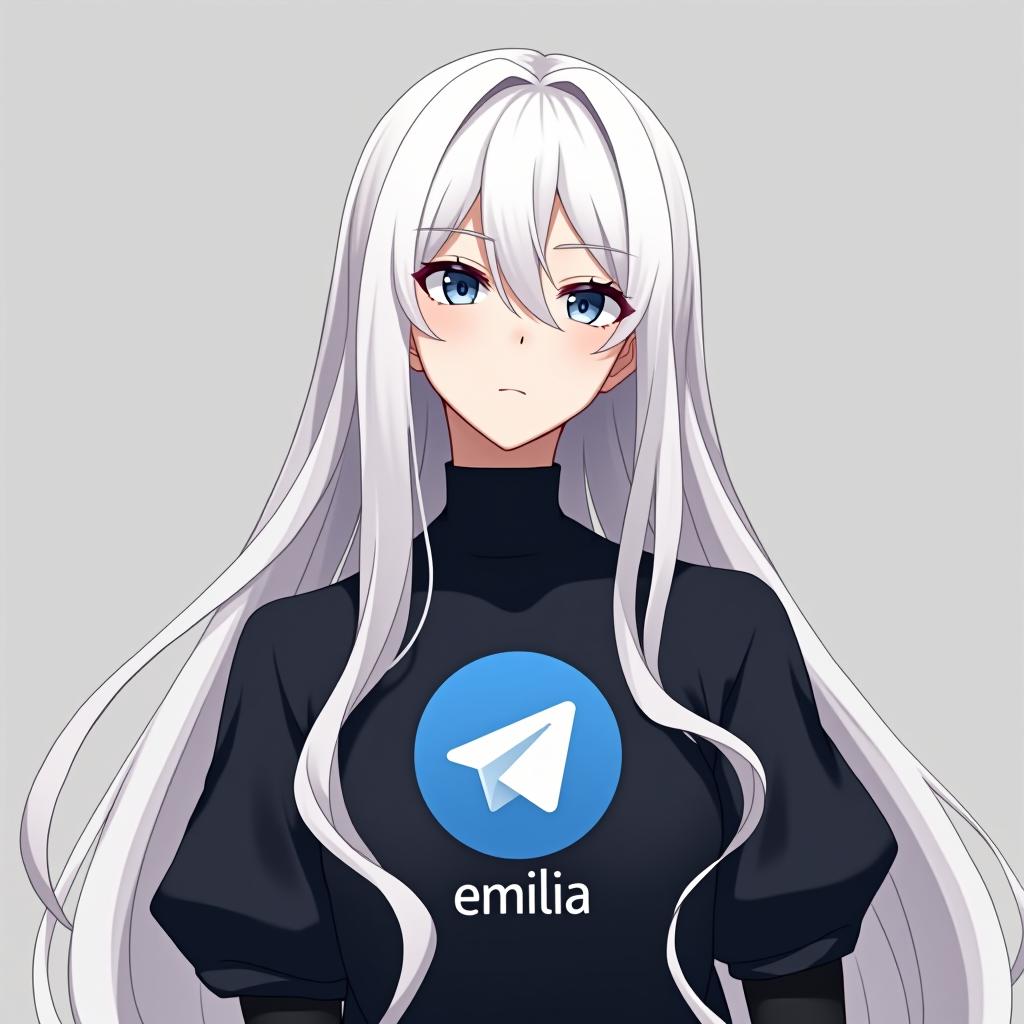  create an image of a character inspired by emilia from re:zero, featuring long white hair and an elegant appearance. the character should be wearing a shirt with the telegram logo, embodying peace and serenity. the design should be simple with a minimalistic background, and include the name 'emilia' in a stylish font