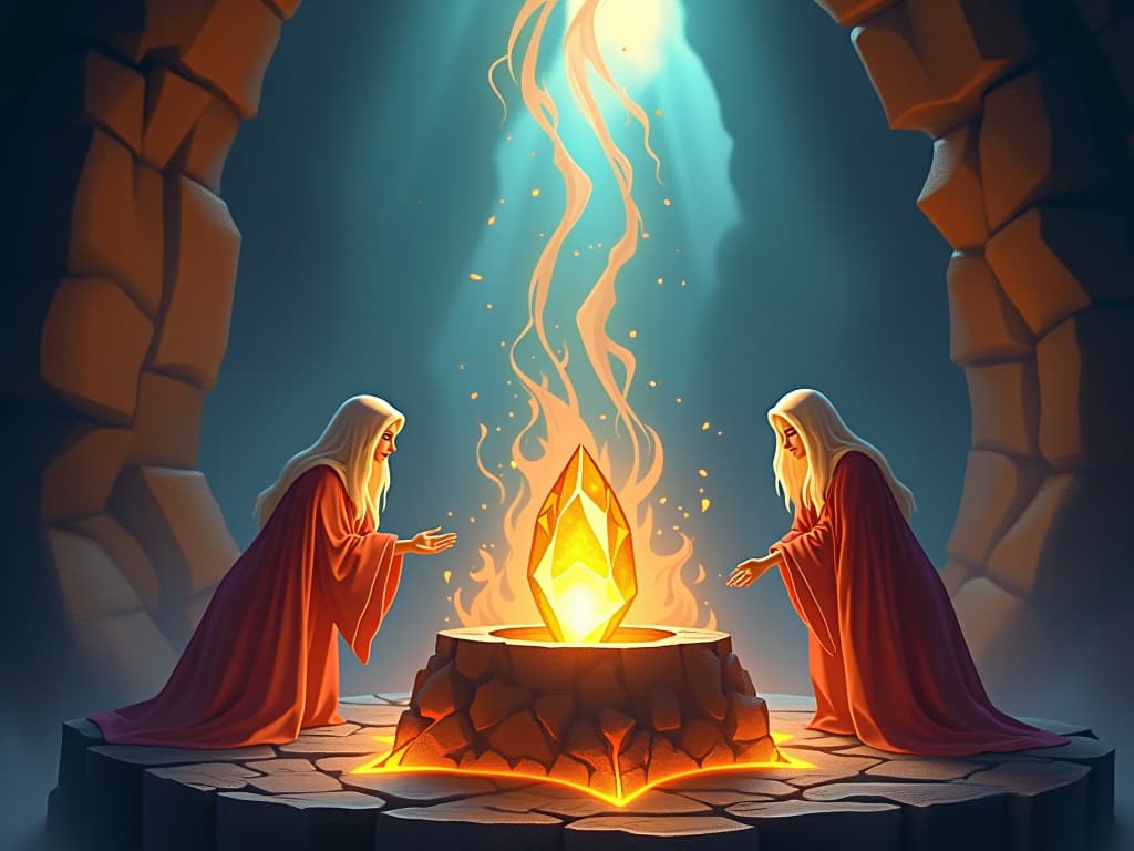  an ethereal forge with glowing embers, where a radiant, translucent gem is being crafted. celestial beings in flowing robes oversee the process, symbolizing the soul's formation through hardship.. the style is digital art illustration,highly detailed, whimsical,magical, dreamlike atmosphere, realism and fantasy blend, smooth, glossy textures,luminous quality, wonder and enchantment.