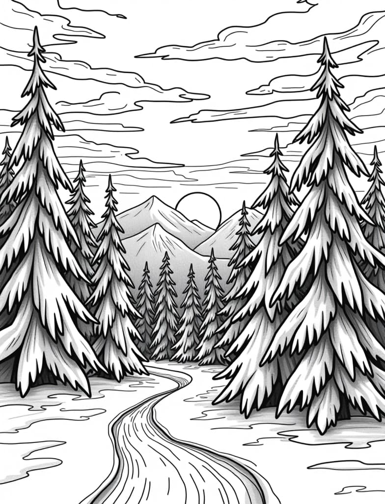  this is for an adult coloring page. a detailed black and white line art of a snowy winter sunset over a snow covered forest on a solid white background.