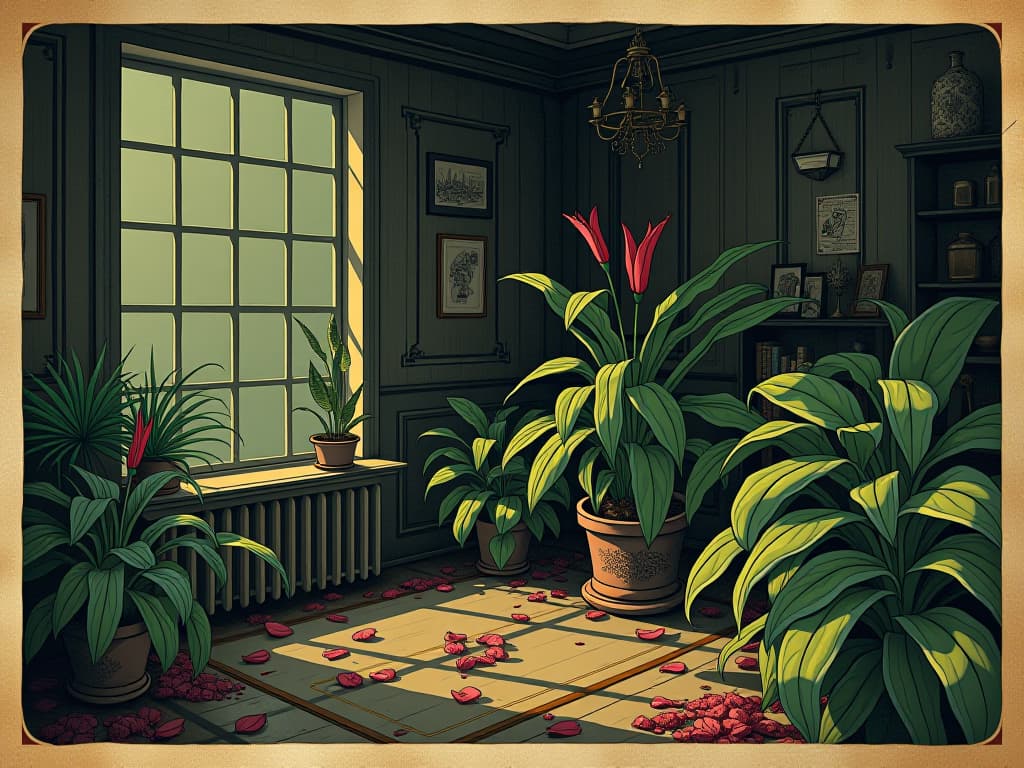  a corner filled with artificial plants, energy seeming static, dry and fake plants suffocating the space, plastic petals, dim lighting, oppressive and stagnant atmosphere. an illustration in the style of a worn, mystical old tarot trump card, mysterious and elements of surrealism. the colors are muted, somber and eerie, but with contrast bring out an occult and esoteric vibe.