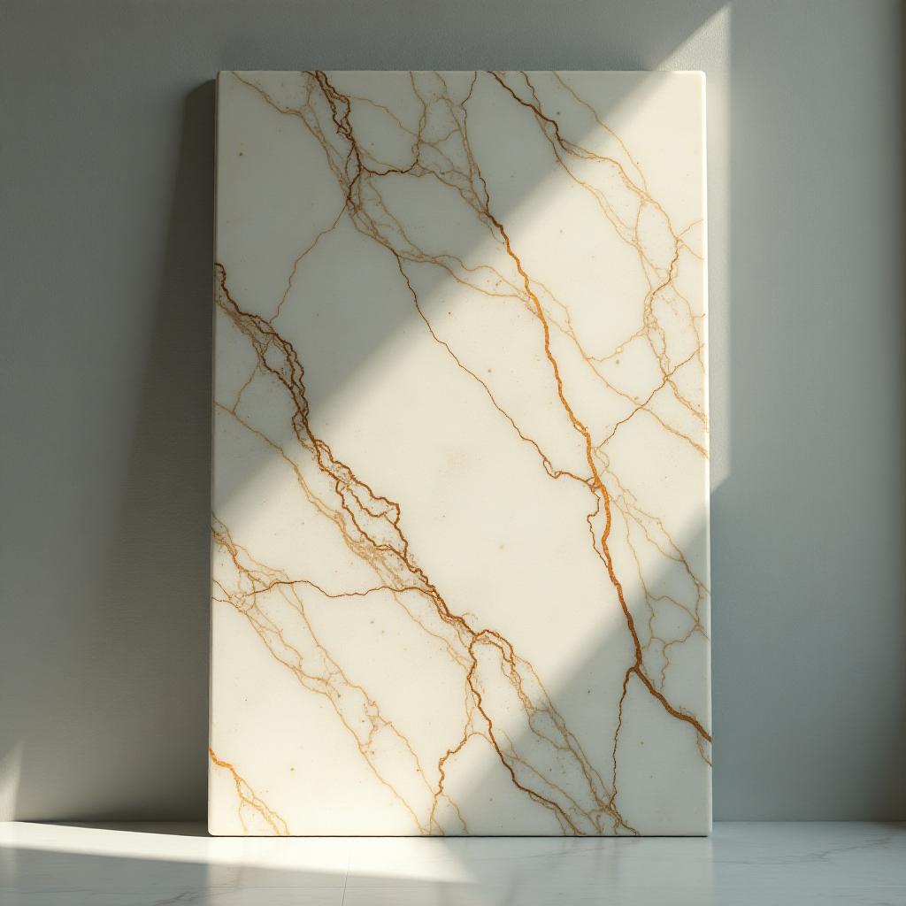  a natural marble panel with delicate veins on which sunlight falls. hyperrealistic, full body, detailed clothing, highly detailed, cinematic lighting, stunningly beautiful, intricate, sharp focus, f/1. 8, 85mm, (centered image composition), (professionally color graded), ((bright soft diffused light)), volumetric fog, trending on instagram, trending on tumblr, HDR 4K, 8K