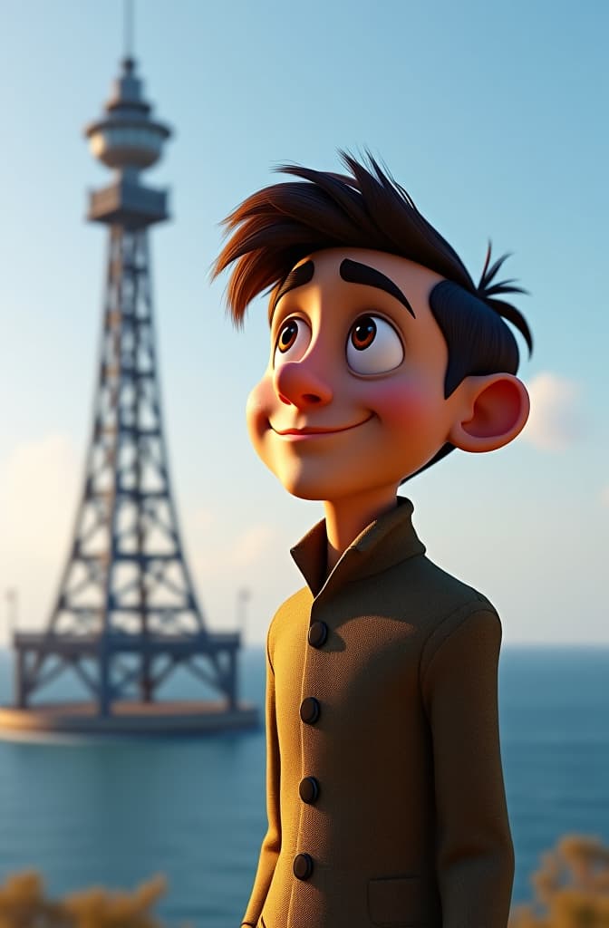  guglielmo as an adult, standing next to a giant radio tower, waves of wireless signals flying across the ocean., disney pixar poster, pixar movie style, animated disney cartoon face, disney face, portrait, cute face, round face, cartoon character, disney character, disney animated movies, disney pixar hyperrealistic, full body, detailed clothing, highly detailed, cinematic lighting, stunningly beautiful, intricate, sharp focus, f/1. 8, 85mm, (centered image composition), (professionally color graded), ((bright soft diffused light)), volumetric fog, trending on instagram, trending on tumblr, HDR 4K, 8K