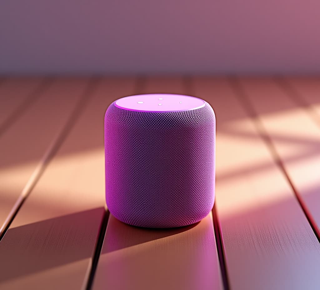  3d render of a pink and purple smart speaker on a wooden floor