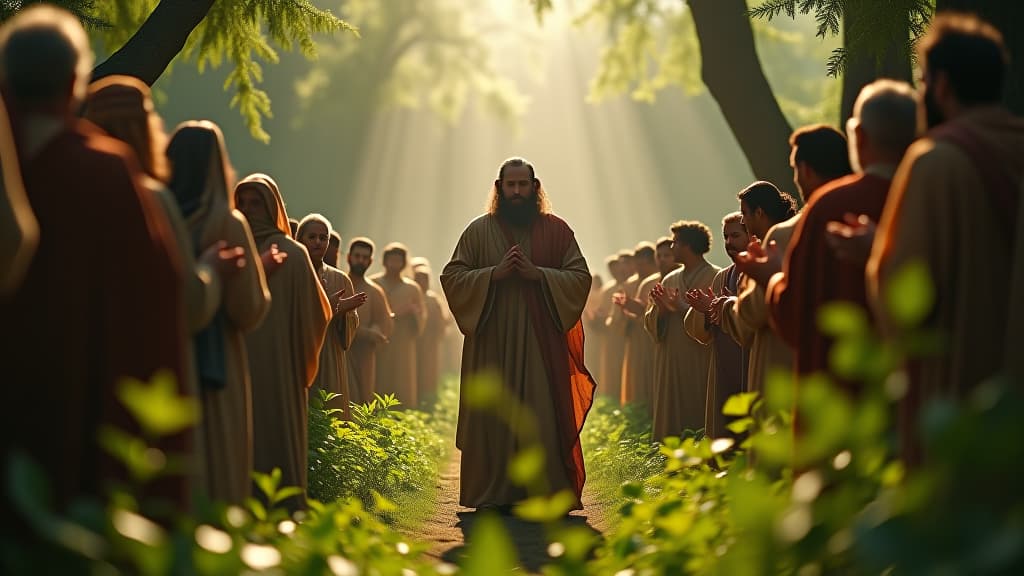  history of biblical times, isaac leading his people in prayer, invoking god's guidance surrounded by rich greenery, symbolizing prosperity. hyperrealistic, full body, detailed clothing, highly detailed, cinematic lighting, stunningly beautiful, intricate, sharp focus, f/1. 8, 85mm, (centered image composition), (professionally color graded), ((bright soft diffused light)), volumetric fog, trending on instagram, trending on tumblr, HDR 4K, 8K