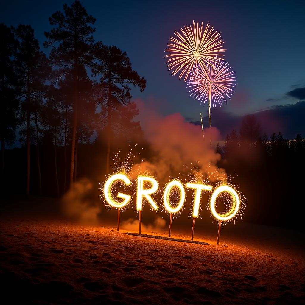  grotto is open written text and fireworks in the background