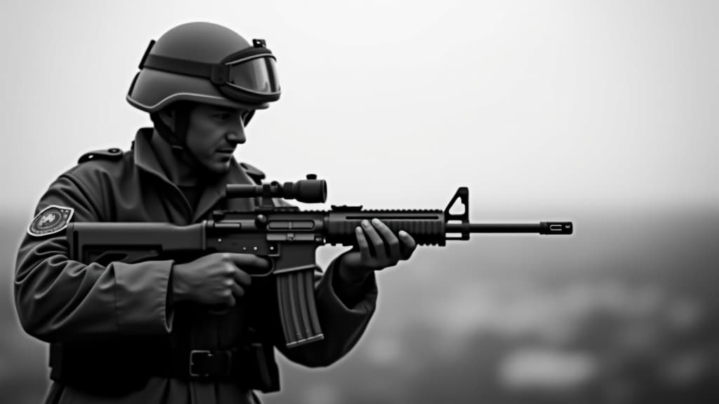  a man in a military uniform is holding a rifle. the image is black and white and has a mood of war and conflict