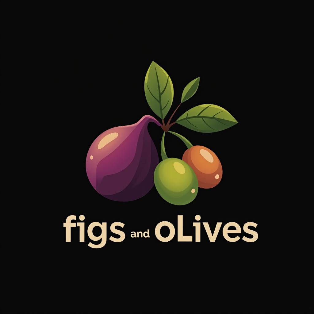  design a logo, fig leaf and olives, black background, with the text 'figs and olives'.