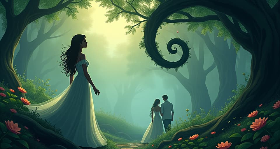  a serene, enchanting garden, with an ethereal woman softly speaking, her words forming dark, curling tendrils that creep towards a serene couple. the atmosphere is one of tranquil sabotage.. the style is digital art illustration,highly detailed, whimsical,magical, dreamlike atmosphere, realism and fantasy blend, smooth, glossy textures,luminous quality, wonder and enchantment.