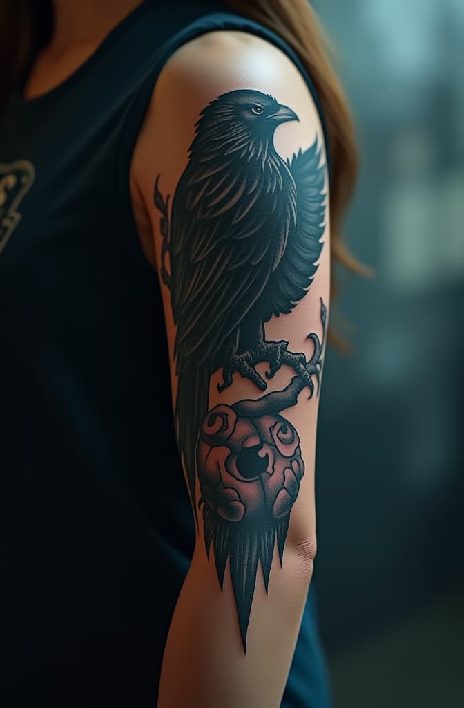  ravenclaw tattoo in an arm hyperrealistic, full body, detailed clothing, highly detailed, cinematic lighting, stunningly beautiful, intricate, sharp focus, f/1. 8, 85mm, (centered image composition), (professionally color graded), ((bright soft diffused light)), volumetric fog, trending on instagram, trending on tumblr, HDR 4K, 8K