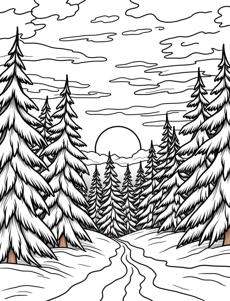  this is for an adult coloring page. a detailed black and white line art of a snowy winter sunset over a snow covered forest on a solid white background.