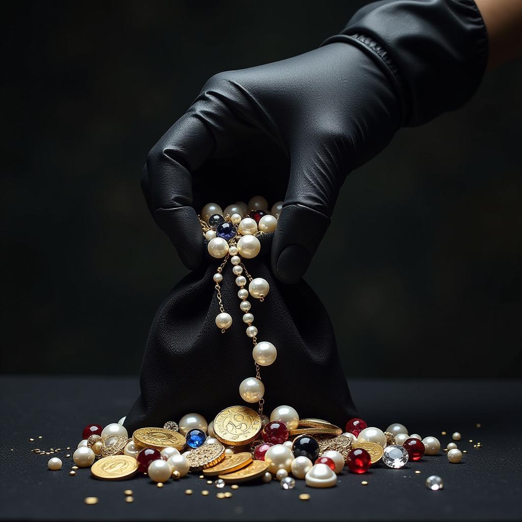  macabre style the hand in the glove holds a bag from which jewelry is poured (pearl beads, rubies, sapphires, diamonds, gold coins) against the background of darkness. . dark, gothic, grim, haunting, highly detailed