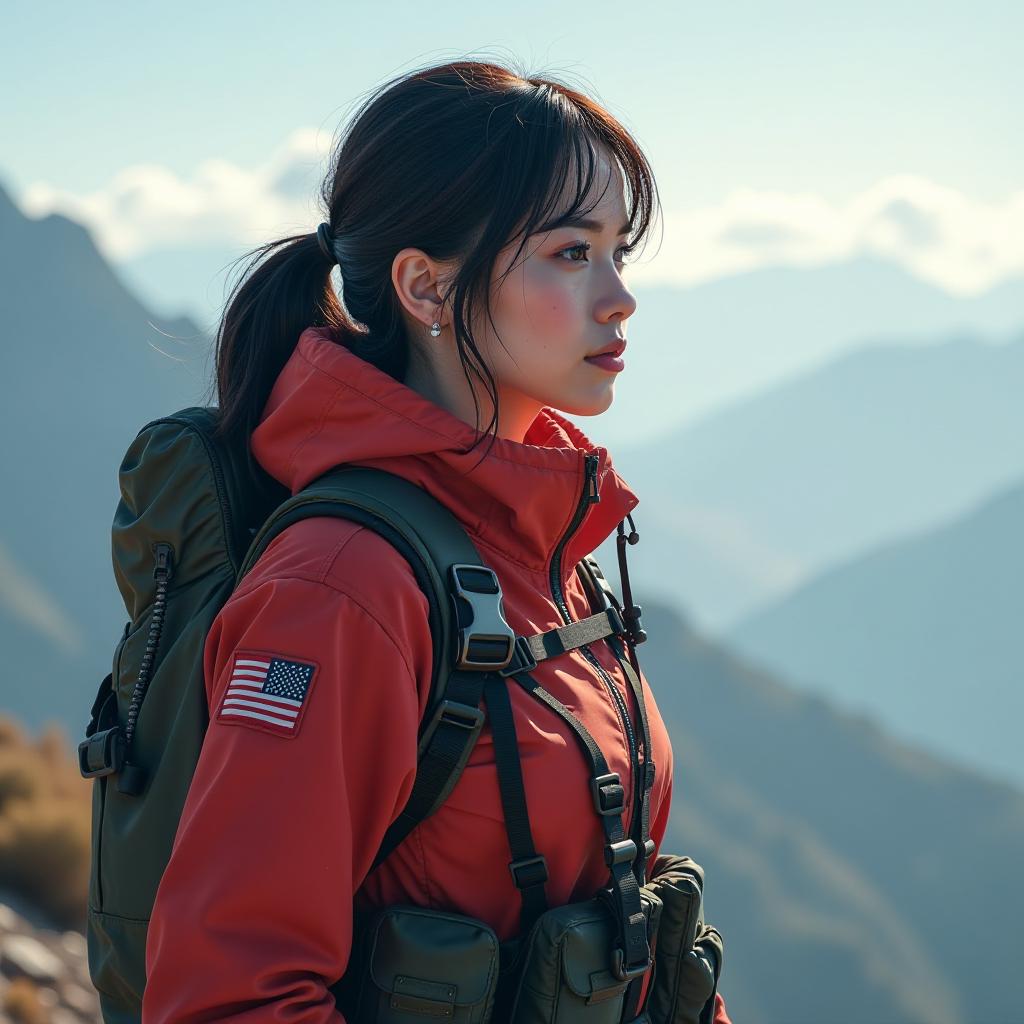  a woman paratrooper with bright makeup. she is standing on a mountain and looking into the distance, in anime style. hyperrealistic, full body, detailed clothing, highly detailed, cinematic lighting, stunningly beautiful, intricate, sharp focus, f/1. 8, 85mm, (centered image composition), (professionally color graded), ((bright soft diffused light)), volumetric fog, trending on instagram, trending on tumblr, HDR 4K, 8K