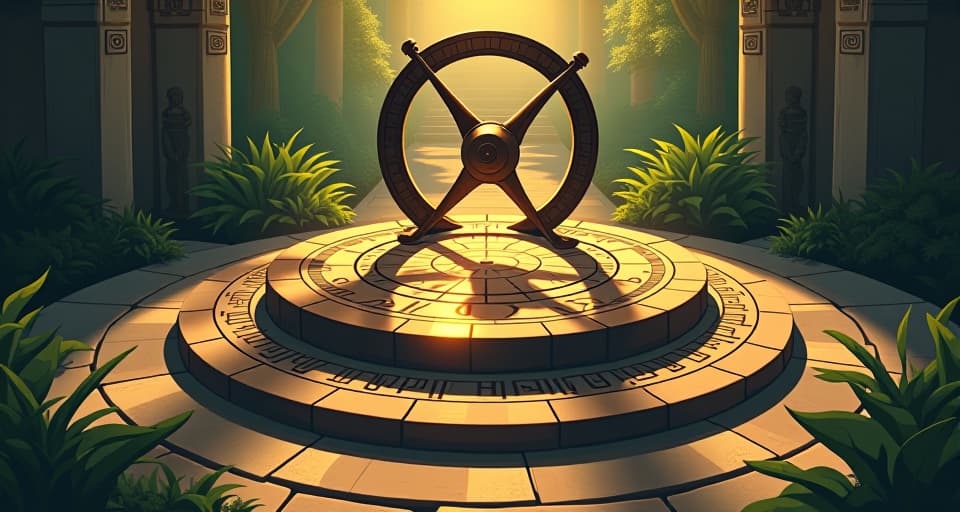  an ancient sundial in a serene garden, hieroglyphs adorning its base, sun casting shadows, symbolizing the mastery of time, peaceful, timeless. the style is digital art illustration / modern comic book / mysterious occult, symbolic, esoteric vibe,high detail on character design, incorporating ancient egyptian symbology and attire.