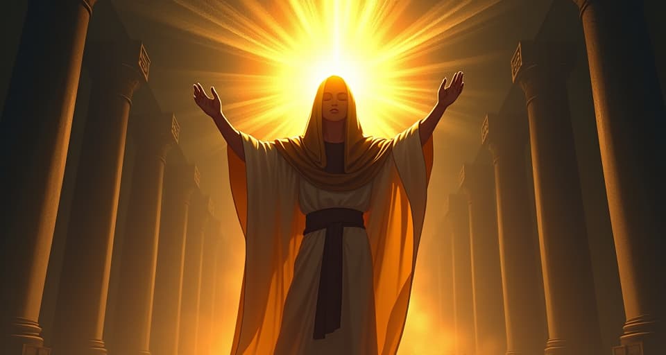  radiant figure in flowing robes opening mouth to speak, light pouring out, darkness shrinking back, atmosphere of lighting up the room with truth. the style is digital art illustration / modern comic book / mysterious occult, symbolic, esoteric vibe,high detail on character design, incorporating ancient egyptian symbology and attire.