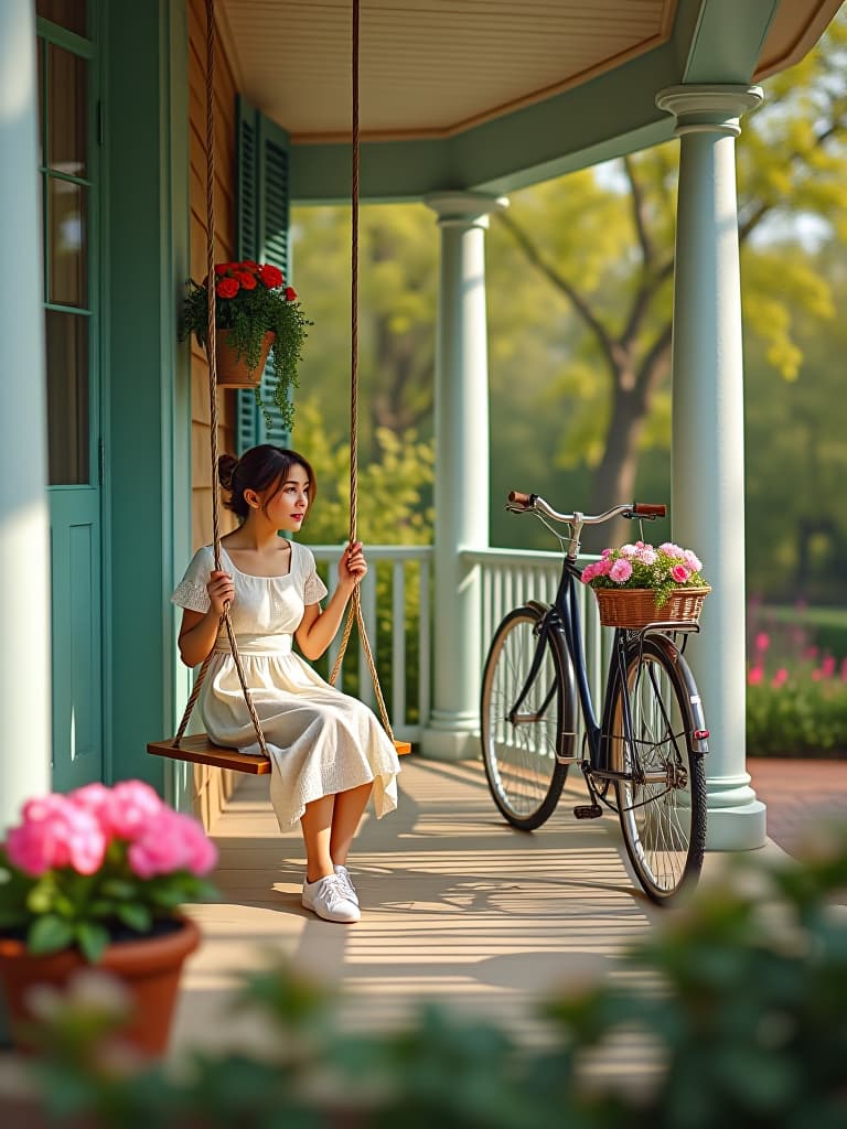  high quality portrait photo of a bright spring porch with a hanging swing, potted flowers in pastel colors, and a vintage bicycle leaning against the railing, viewed from the front yard hyperrealistic, full body, detailed clothing, highly detailed, cinematic lighting, stunningly beautiful, intricate, sharp focus, f/1. 8, 85mm, (centered image composition), (professionally color graded), ((bright soft diffused light)), volumetric fog, trending on instagram, trending on tumblr, HDR 4K, 8K