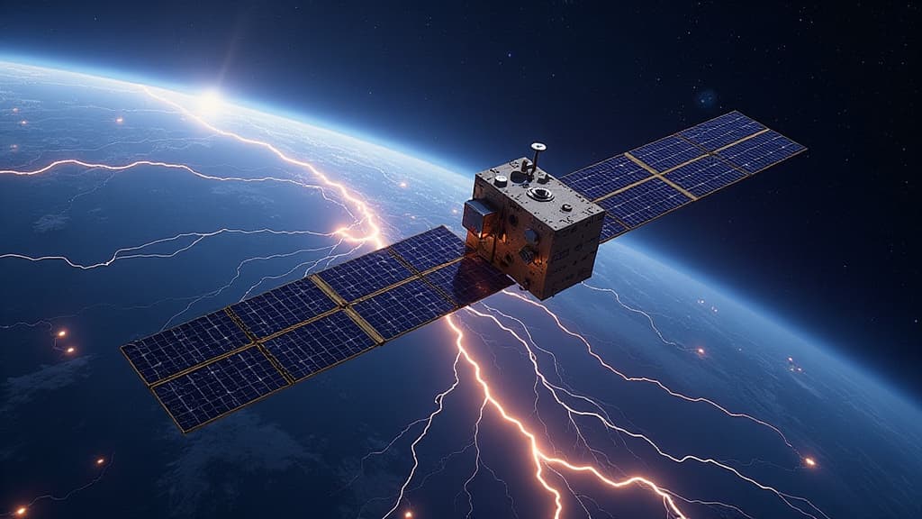  prompt: create a hyper realistic image showcasing the cutting edge lightning imager technology on meteosat weather satellites. the scene should feature a detailed satellite in space, with four advanced cameras capturing lightning discharges over europe, africa, and south america. ensure the lightning detection process is visually striking, with intricate animations displaying the continuous monitoring of lightning activity in real time. include vibrant colors to represent the revolution in meteo