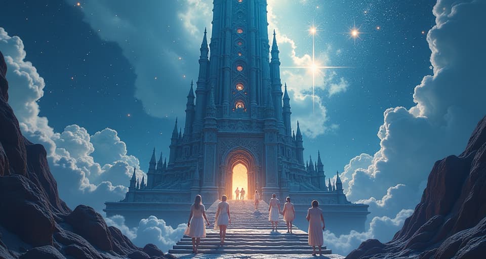  a grand, obsidian tower reaching into the sky, surrounded by swirling astral light. ethereal beings in radiant attire are seen entering through an ornate entrance, highlighting the collaboration with cosmic forces.. the style is digital art illustration,highly detailed, whimsical,magical, dreamlike atmosphere, realism and fantasy blend, smooth, glossy textures,luminous quality, wonder and enchantment.