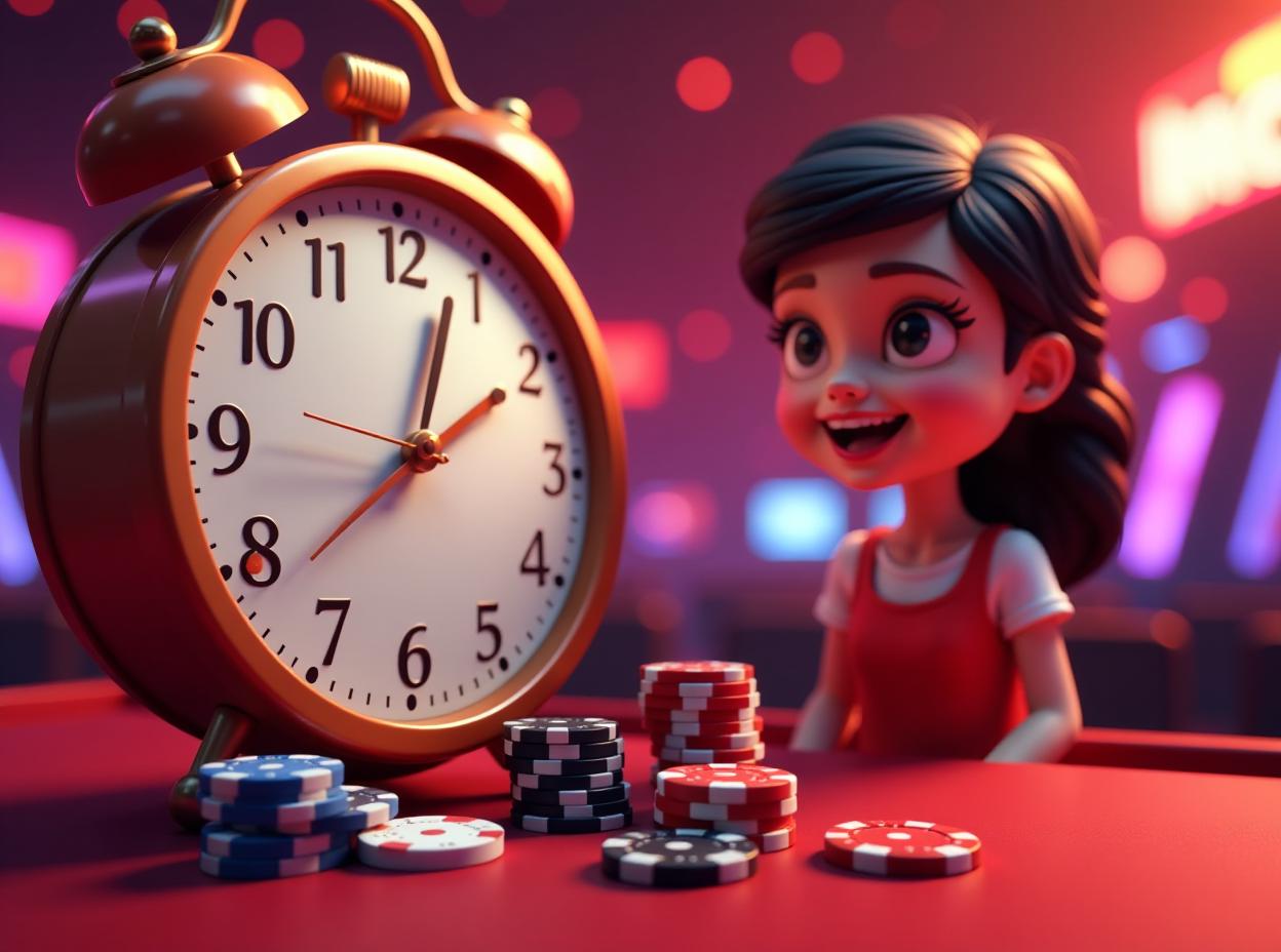  a casino theme with a clock and casino chips with a girl infront happy because she won a lottery on a red background with a stream of lights and a neon colored background, andries stock, incoherents, highly detailed digital art, computer graphics, cartoonish,, high quality, high details, hd, perfect composition, 4k epic detailed, highly detailed, sharp focus, high resolution