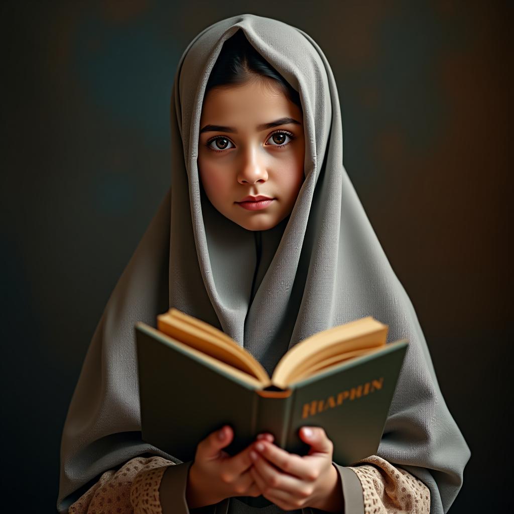  a girl in a hijab holding a book.