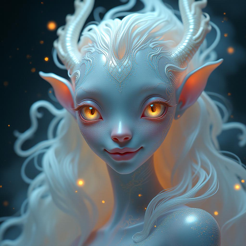  layer 1: a majestic, ethereal creature with iridescent skin that shimmers like the surface of a pearl. its face is adorned with delicate, swirling patterns reminiscent of celestial bodies, and its eyes gleam with a soft, luminescent light. the creature's features are both elegant and whimsical, with oversized eyes, a gentle nose, and a mouth that curves into a serene smile. its hair flows like a river of starlight, cascading down its back in wavy locks. hyperrealistic, full body, detailed clothing, highly detailed, cinematic lighting, stunningly beautiful, intricate, sharp focus, f/1. 8, 85mm, (centered image composition), (professionally color graded), ((bright soft diffused light)), volumetric fog, trending on instagram, trending on tumblr, HDR 4K, 8K