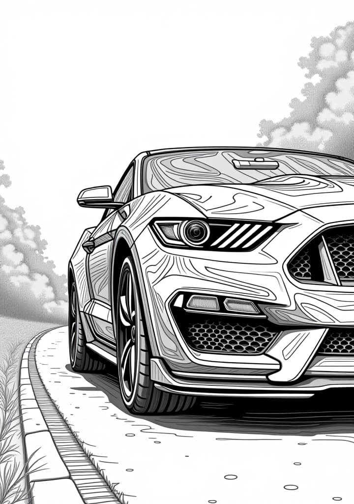  a coloring book page, white background, showing stunning photo taken of a ford car on a roadhyper detail, intricate details, sharp focus, high resolution, 8k, ultra detailed, vib