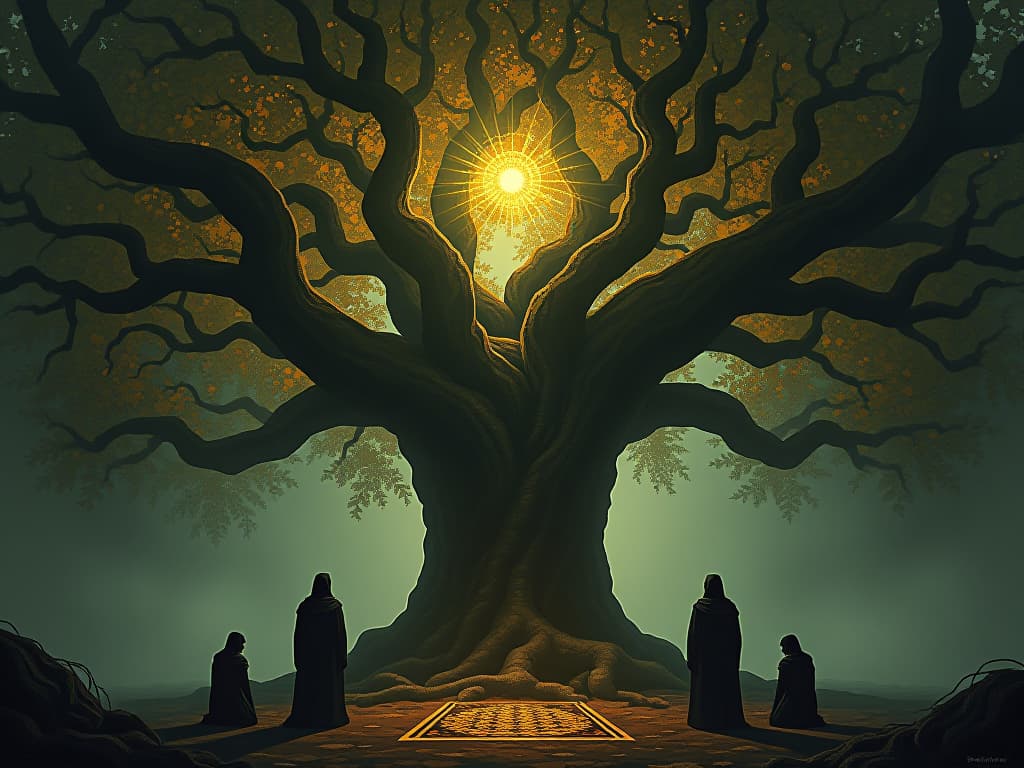  a grand oak with radiant leaves, surrounded by kneeling figures, symbols of growth and wisdom in the foliage, golden light filtering through, a sense of reverence and renewal.. the style is dark fantasy and mysterious occult, symbolic, moody lighting, esoteric vibe,high detail on character design. for the color scheme emphasize blacks and reds.